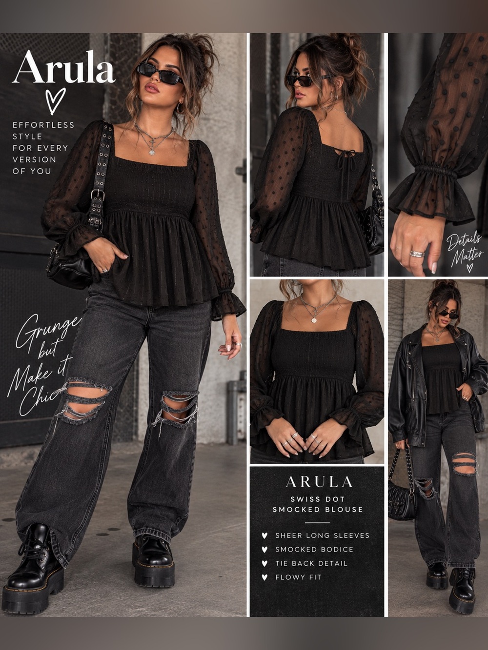 Arula Black Swiss Dot Smocked Peplum Blouse Sheer Long Sleeve Romantic Babydoll